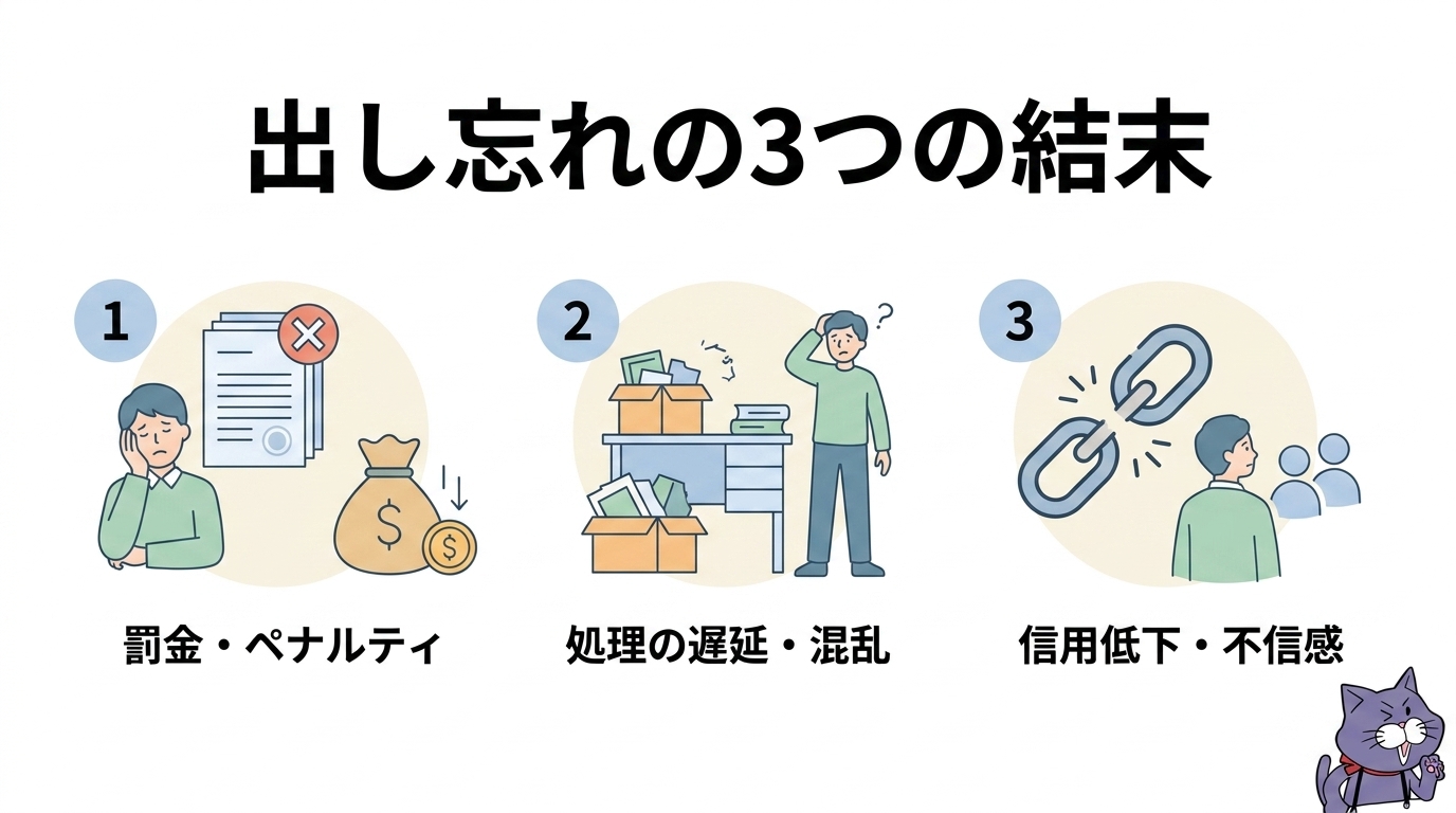 決算変更届を放置した場合の3つの結末(許可更新の停止・経審不可・罰則リスク)の図解