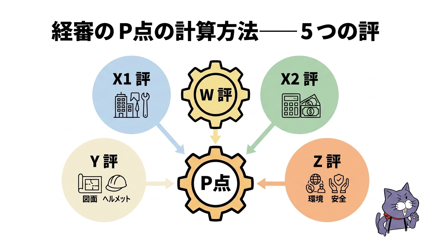 P点（総合評定値）の構成ウエイト：X1完成工事高25%・X2自己資本15%・Y経営状況20%・Z技術職員25%・W社会性15%