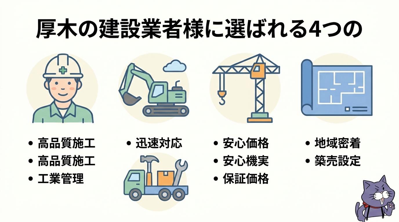 厚木の建設業者様に選ばれる4つの理由