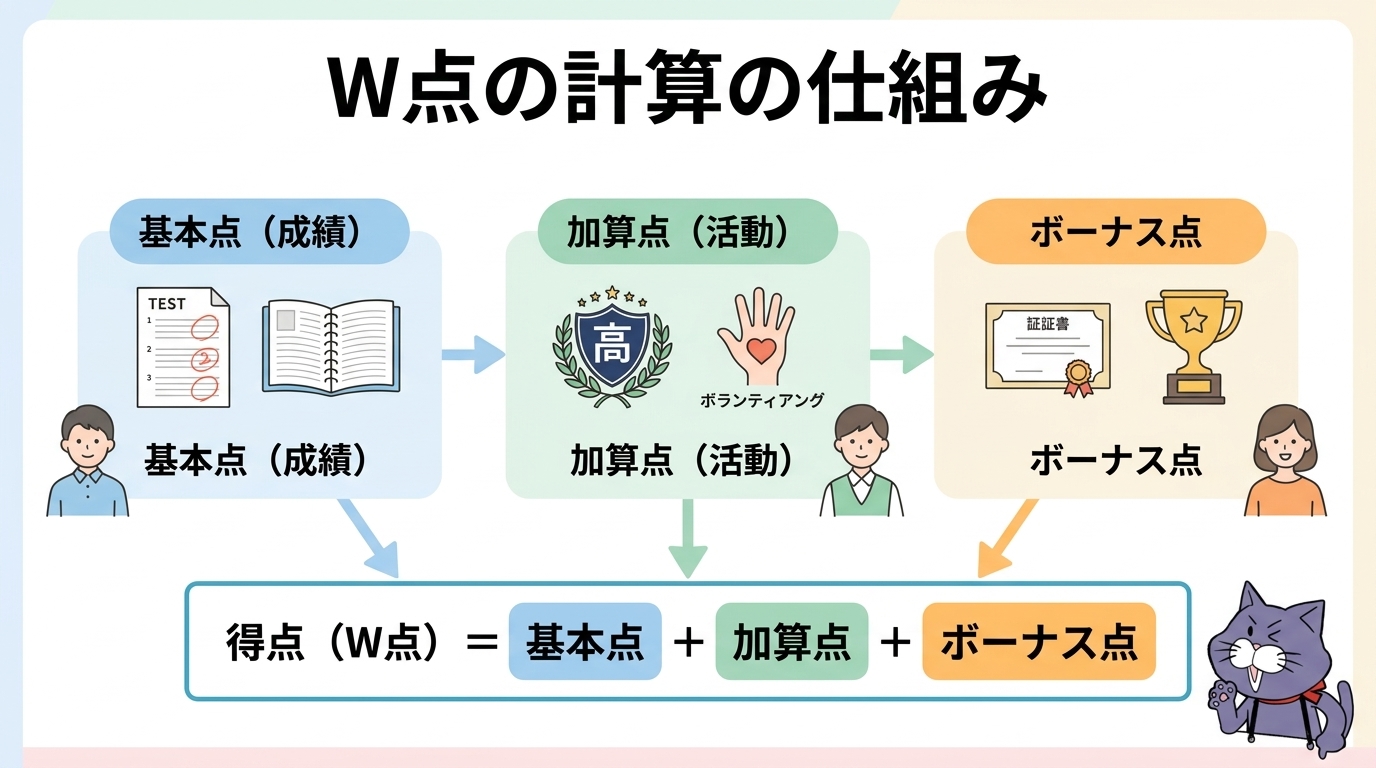 W点の計算の流れ（素点→換算→P点へ）の図解