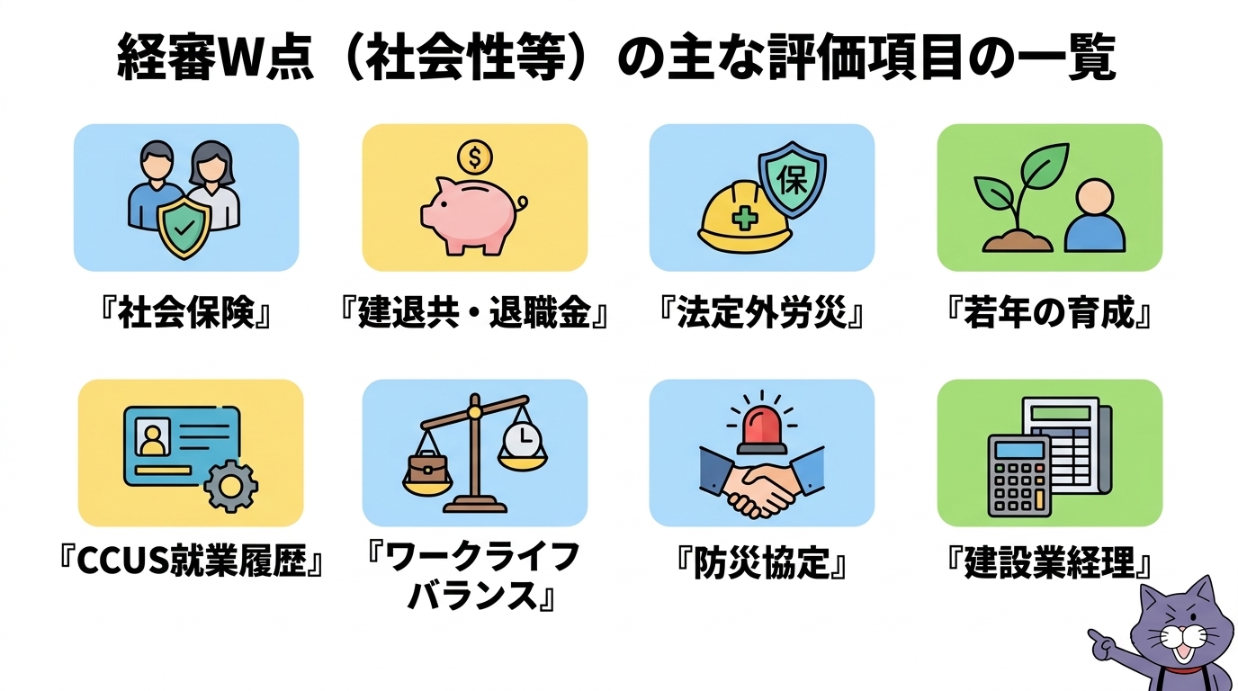 W点の評価項目グループ図（社会保険・育成・防災など）