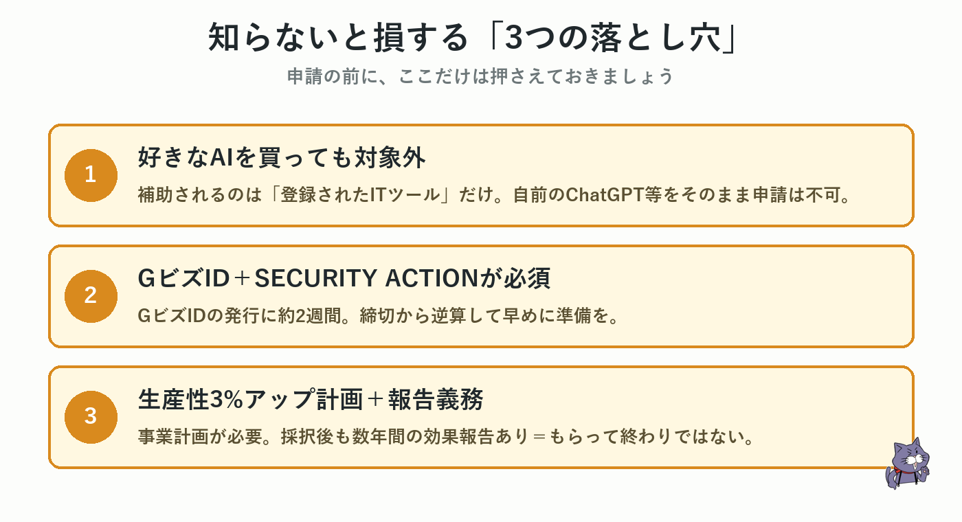 AI導入補助金でつまずく3つの落とし穴（登録ツール限定・GビズID・生産性向上計画）
