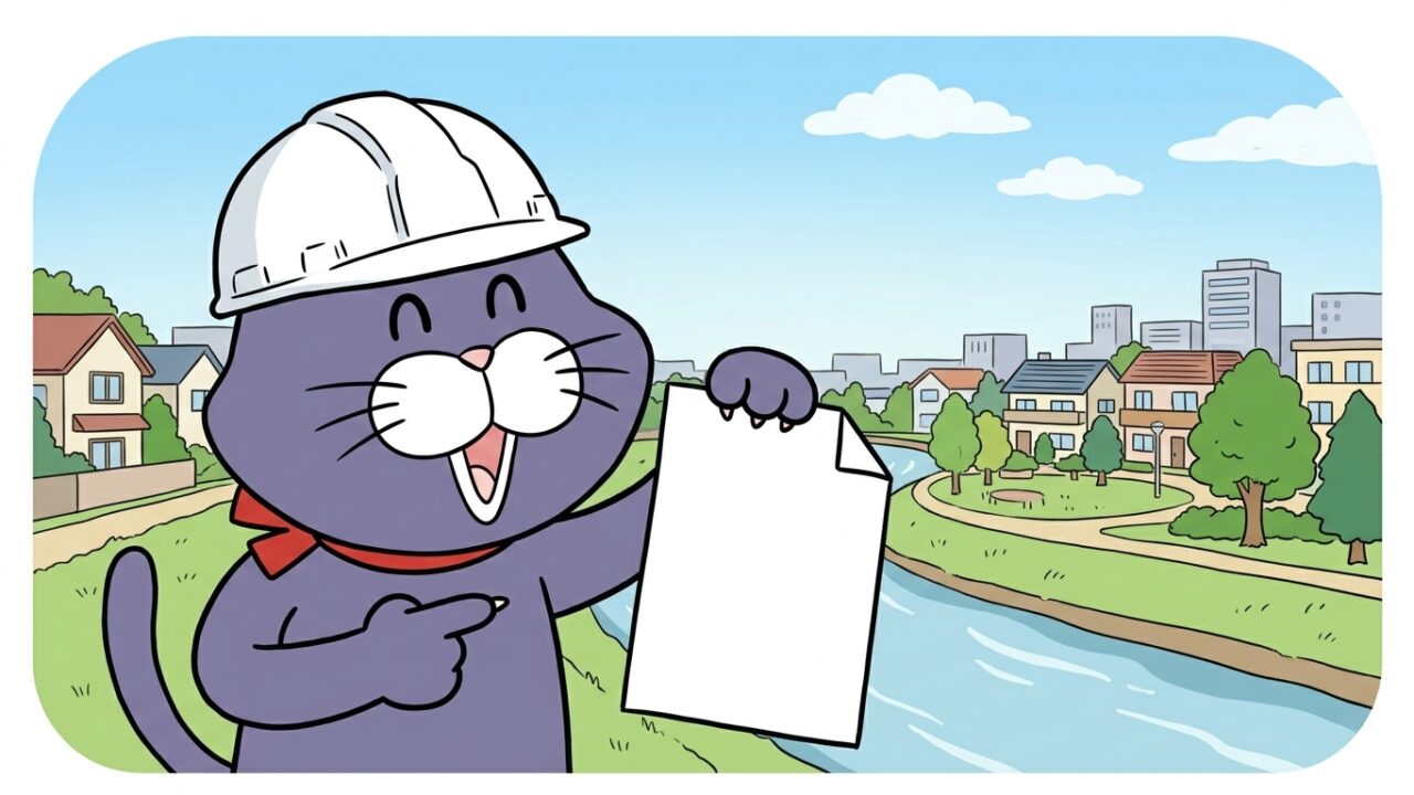 川と市街地を背景に書類を掲げる猫のマスコット