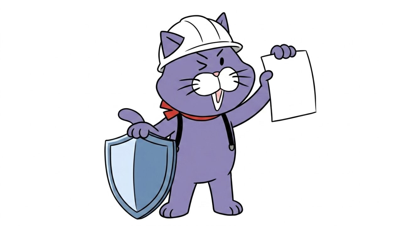 盾と計画書を持つ猫のマスコット