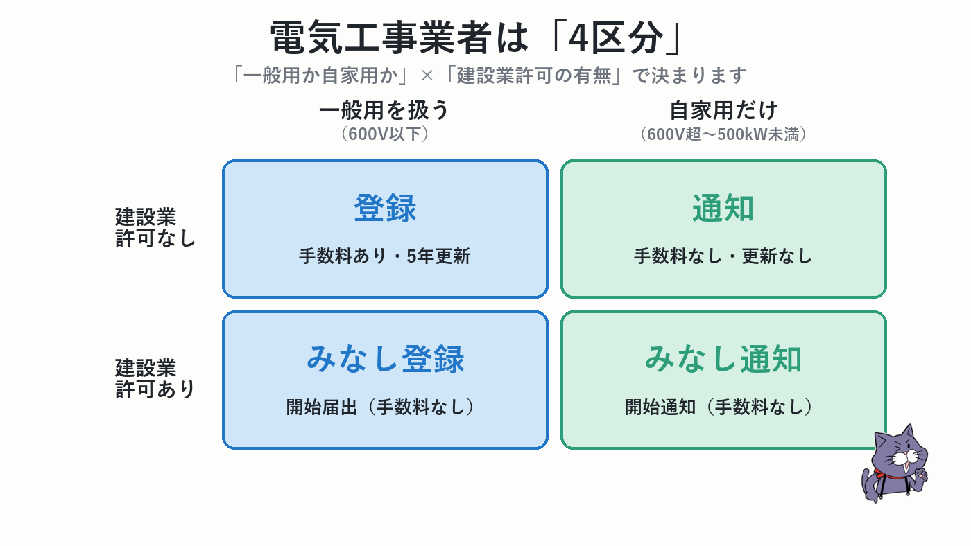 電気工事業者4区分の早見表（登録・通知・みなし登録・みなし通知）