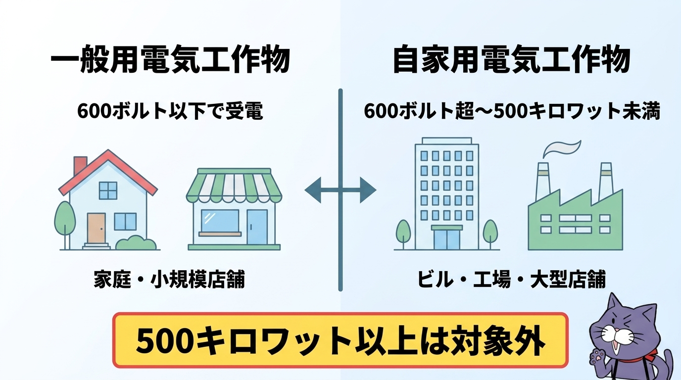 一般用電気工作物と自家用電気工作物の違い（600Vと500kWの境目）