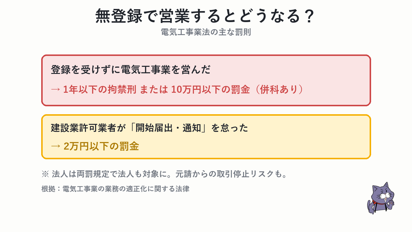 無登録で電気工事業を営んだ場合の罰則