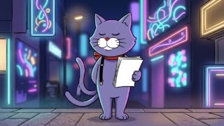 夜の繁華街を背景に書類を持つ猫のマスコット