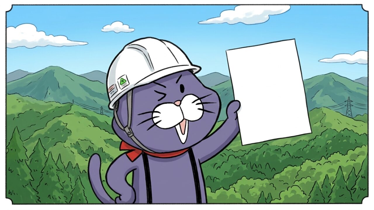 秦野の山並みを背景に書類を掲げる猫のマスコット