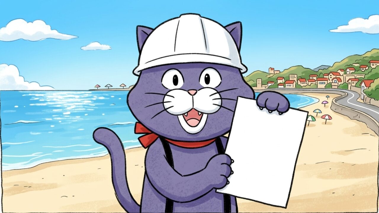 湘南の海を背景に書類を掲げる猫のマスコット