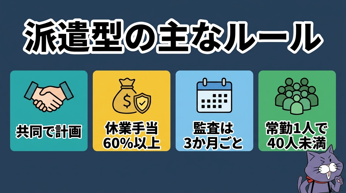 派遣型の主なルール（共同で計画・休業手当60%以上・監査3か月ごと・常勤1人で40人未満）
