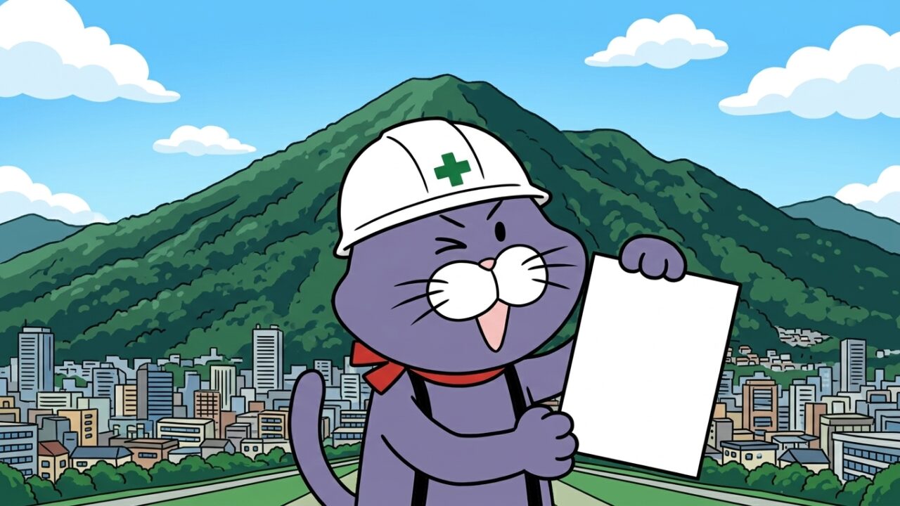 緑の大山を背景に書類を掲げる猫のマスコット