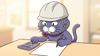 机で書類を作成する猫のマスコット