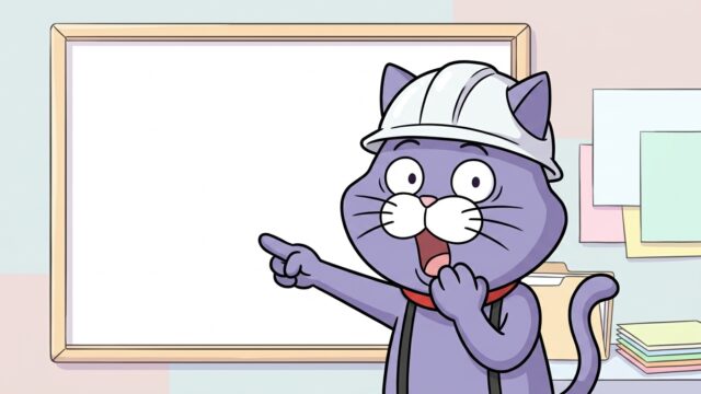 掲示板を指す猫のマスコット
