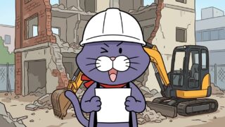 解体工事現場を背景に書類を掲げる猫のマスコット