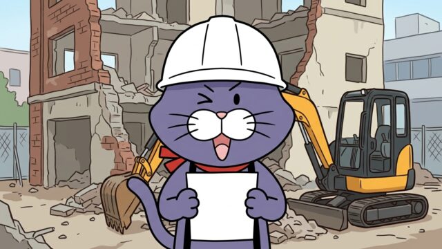 解体工事現場を背景に書類を掲げる猫のマスコット