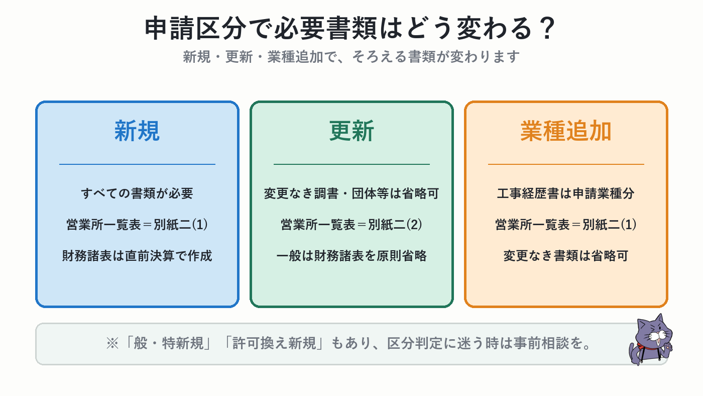 申請区分で必要書類はどう変わるか（新規・更新・業種追加）
