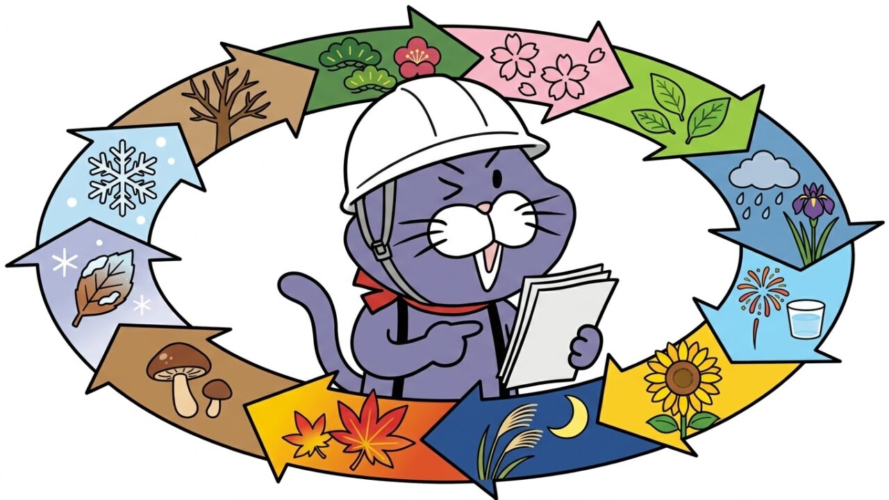 円形の矢印の前で書類を持つ猫のマスコット