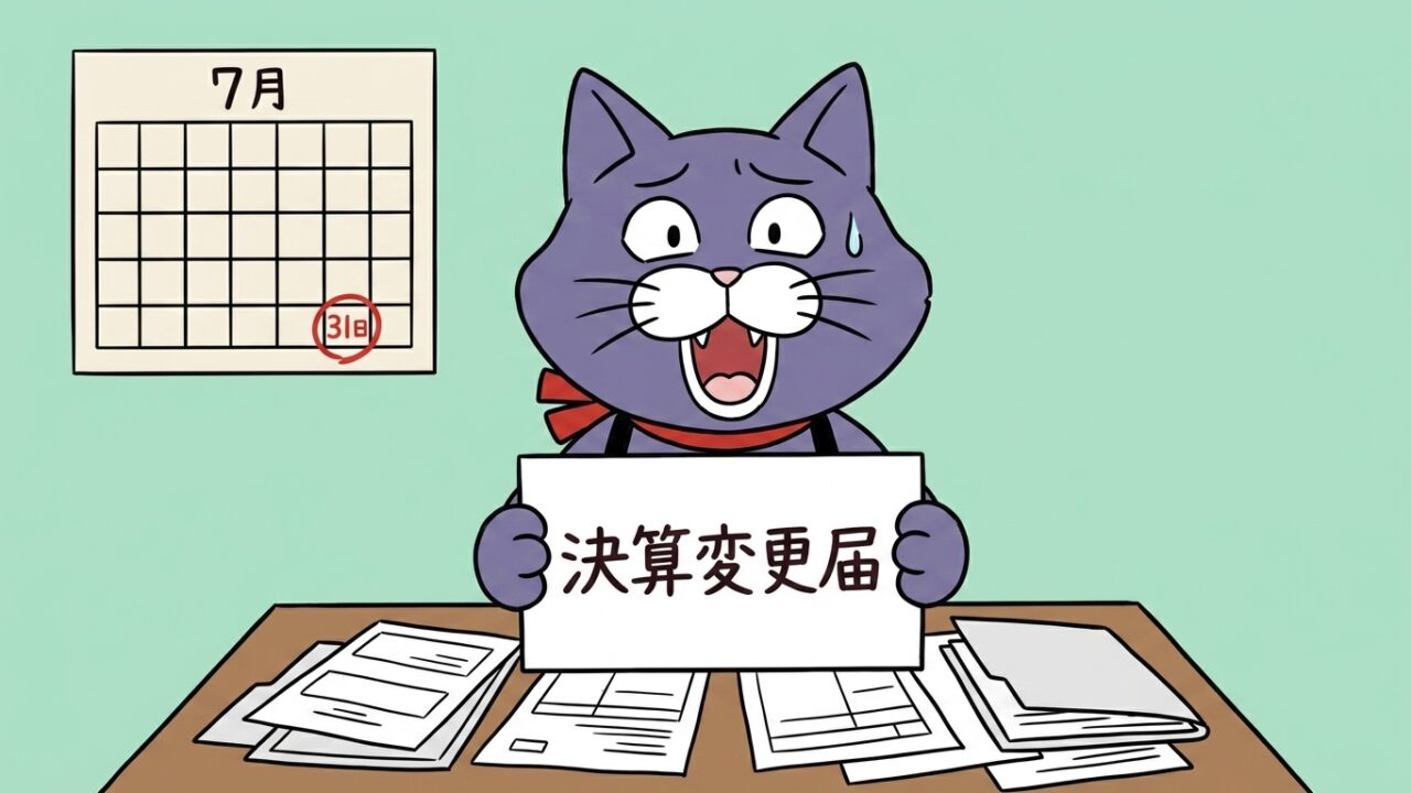 決算変更届の提出期限7月末を知らせる猫のイラスト