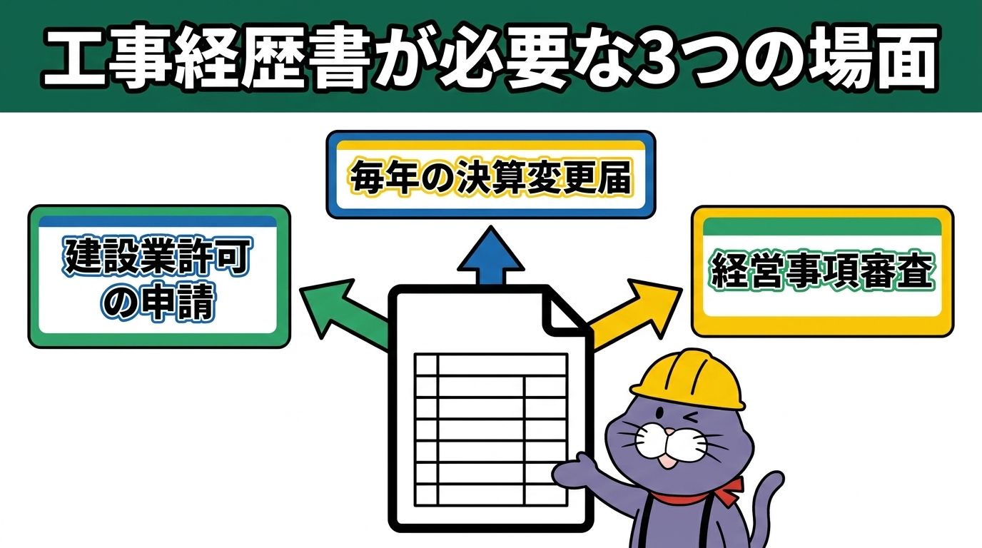 工事経歴書(様式第2号)が必要になる3つの場面(建設業許可の申請・毎年の決算変更届・経営事項審査)を示した図