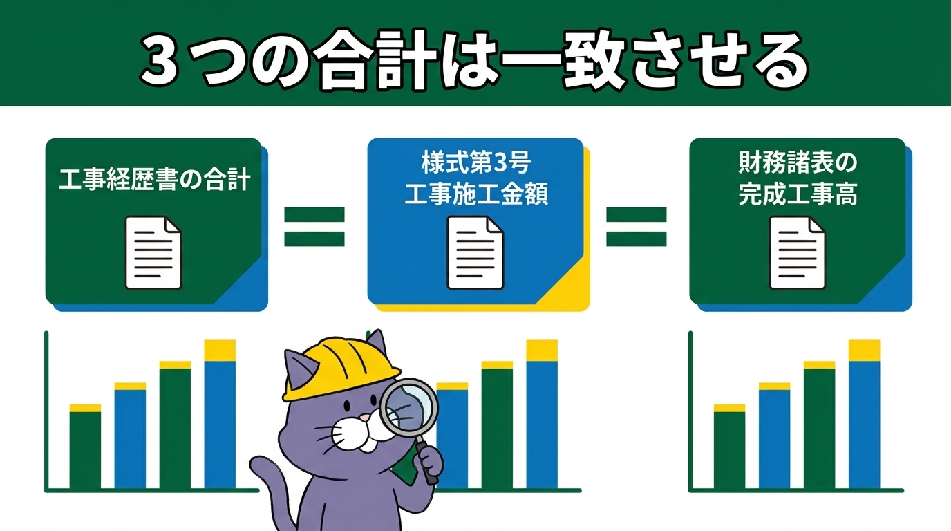 工事経歴書の合計が、様式第3号(直前3年の工事施工金額)の金額および財務諸表の完成工事高と一致しなければならないことを示した図