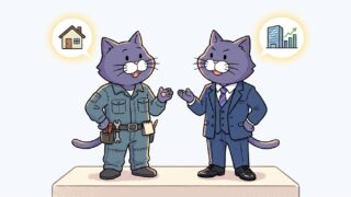 作業服とスーツの猫が並ぶ比較イメージ