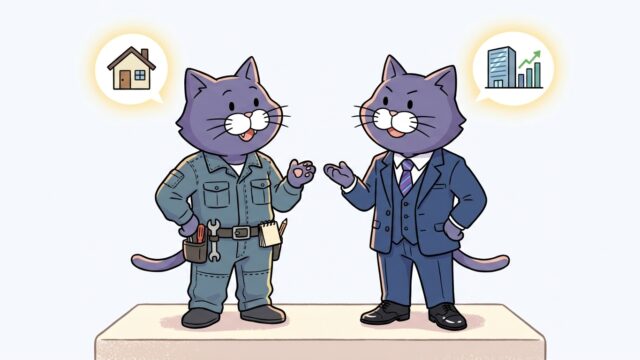 作業服とスーツの猫が並ぶ比較イメージ