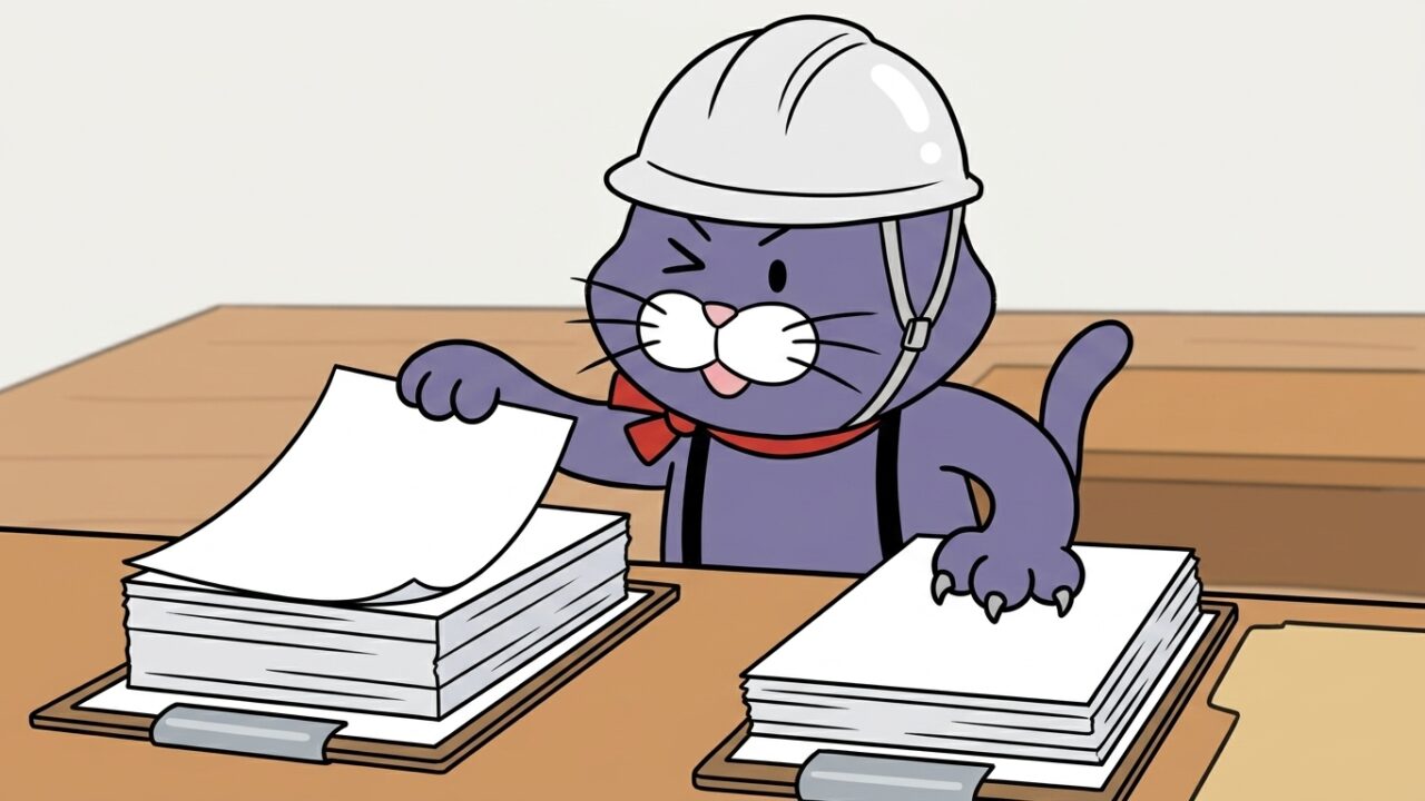 2種類の書類を見比べる猫のマスコット
