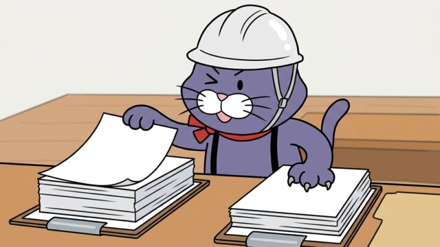 2種類の書類を見比べる猫のマスコット