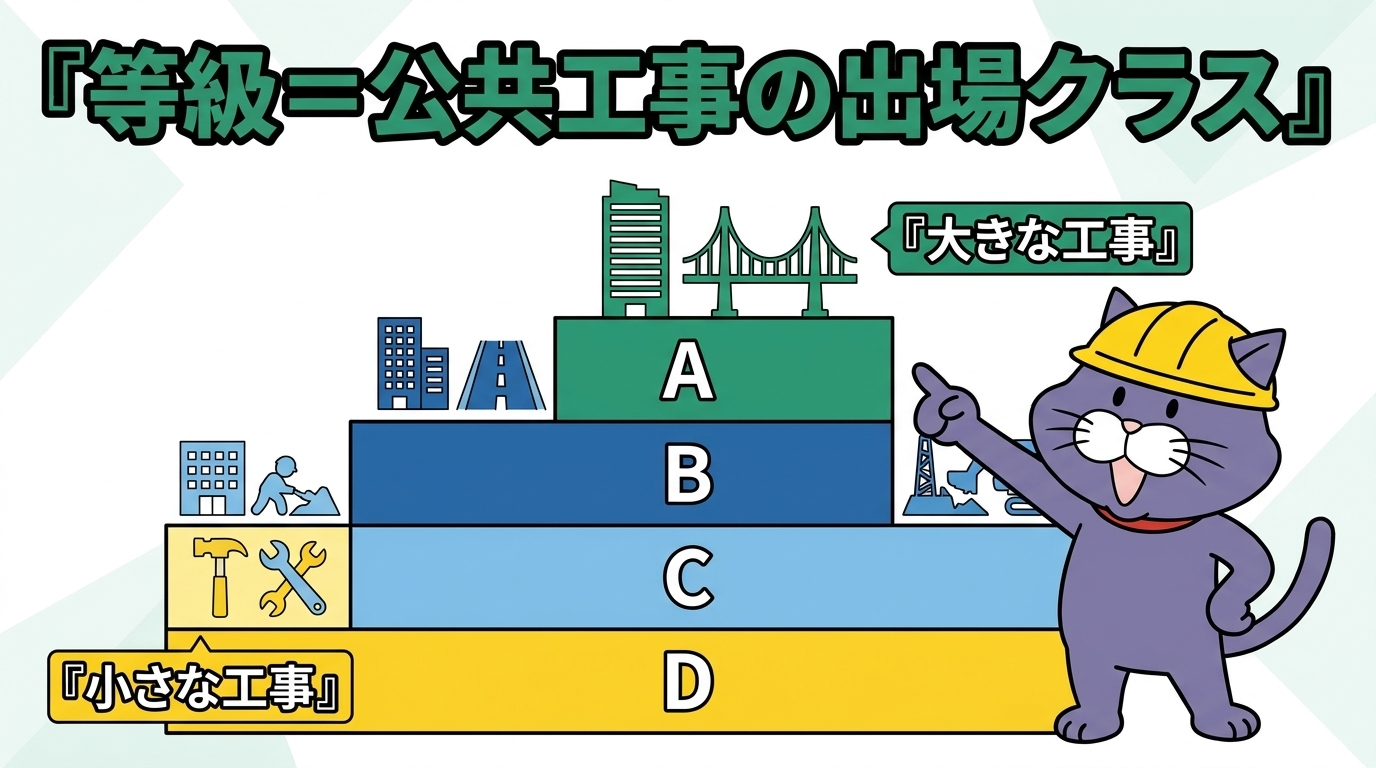 入札参加資格の等級A〜Dは公共工事の出場クラス。上位等級ほど大きな工事に入札できることを示す図