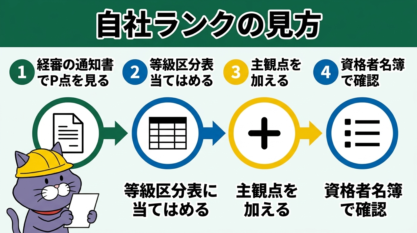 経審の総合評定値通知書のP点（客観点）を発注機関の等級区分表に当てはめ、主観点を加えて最終格付けを確認する流れの図