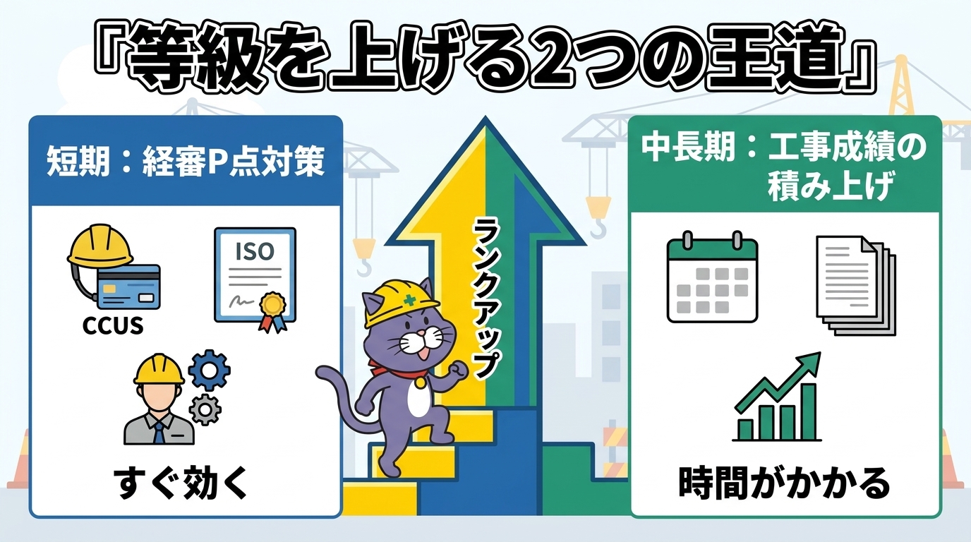 等級を上げる2つの王道。短期＝客観点（経審P点）対策、中長期＝主観点（工事成績の積み上げ）対策を時間軸で示した図