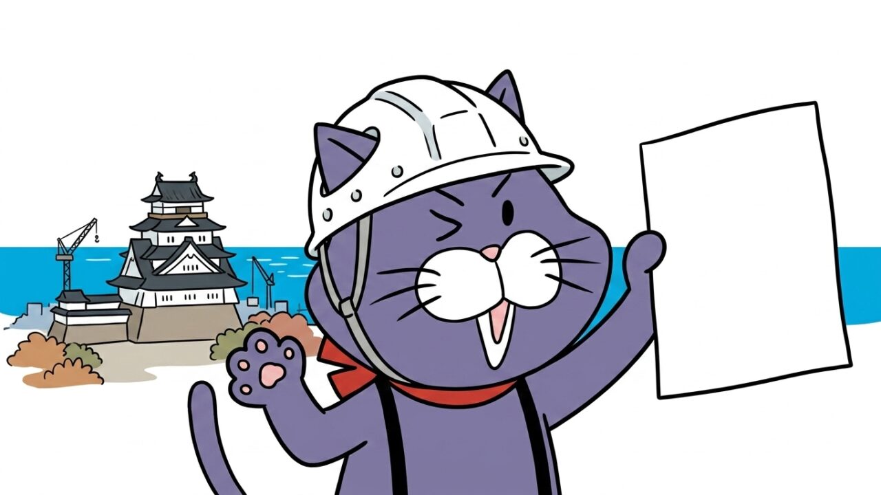 小田原城と海を背景に書類を掲げる猫のマスコット