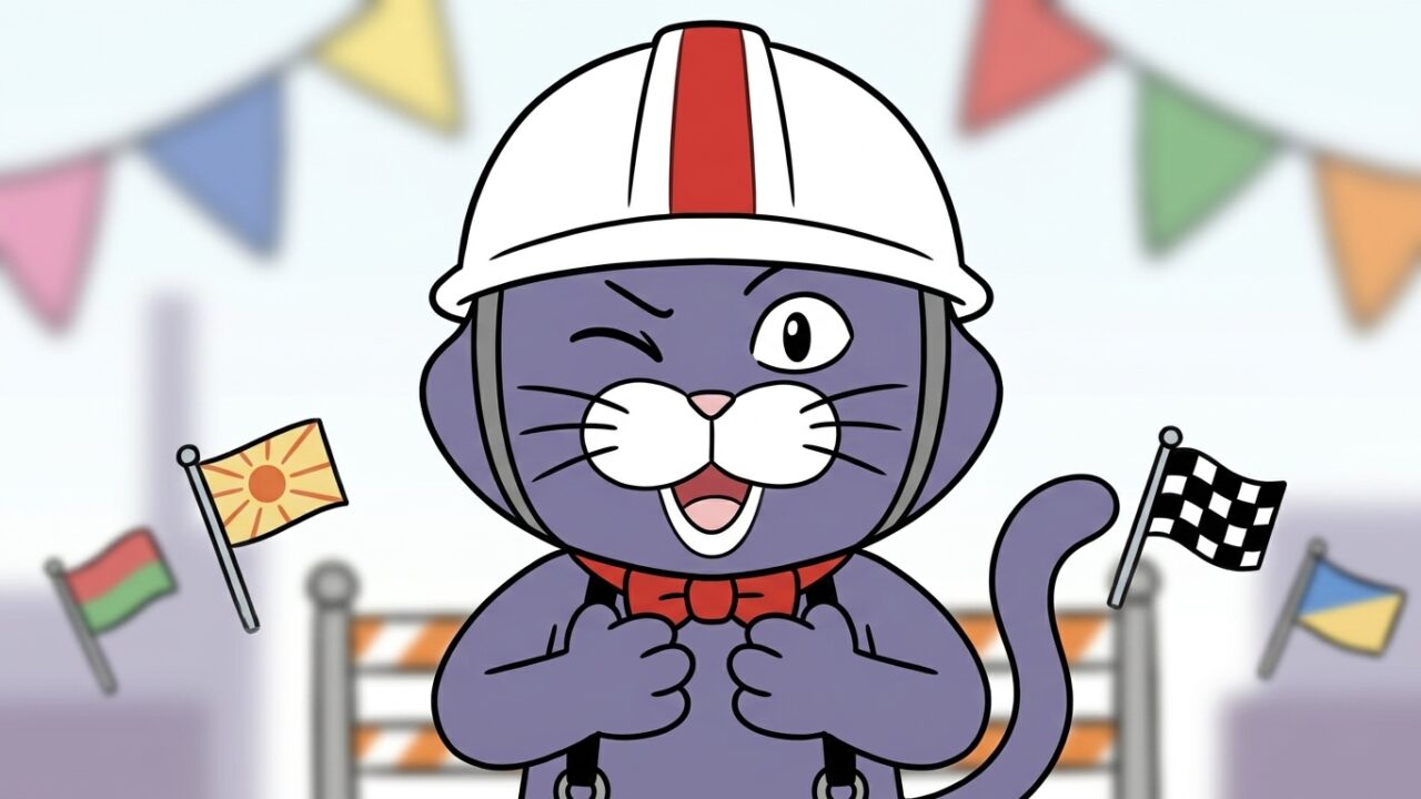 誇らしげに宣言する猫のマスコット