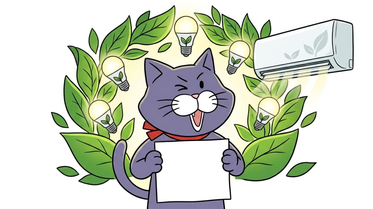 省エネ設備の前で書類を掲げる猫のマスコット