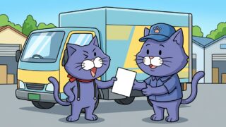 トラックの前で書類を渡す猫のマスコット