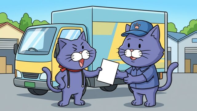 トラックの前で書類を渡す猫のマスコット