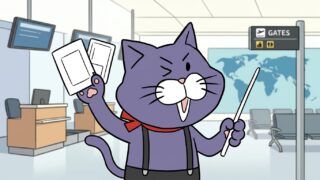 在留カードとパスポートを案内する猫のマスコット