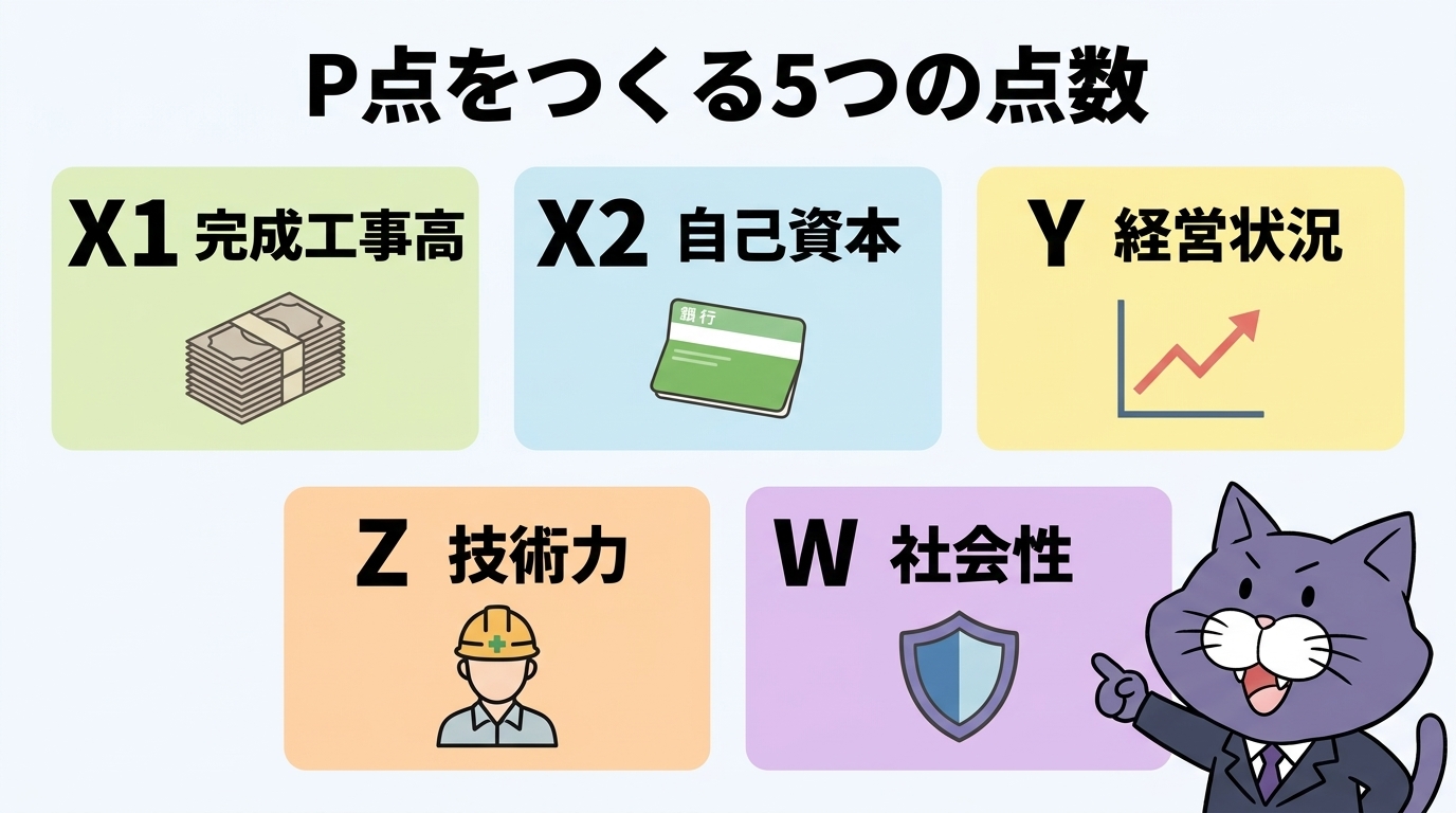 P点をつくる5つの点数 X1・X2・Y・Z・W