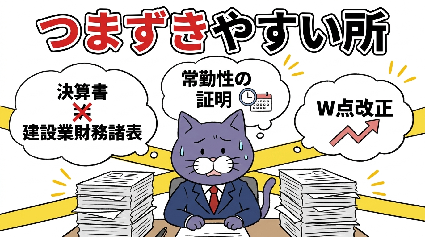 経審を自分で申請するときにつまずきやすいポイントのイメージ