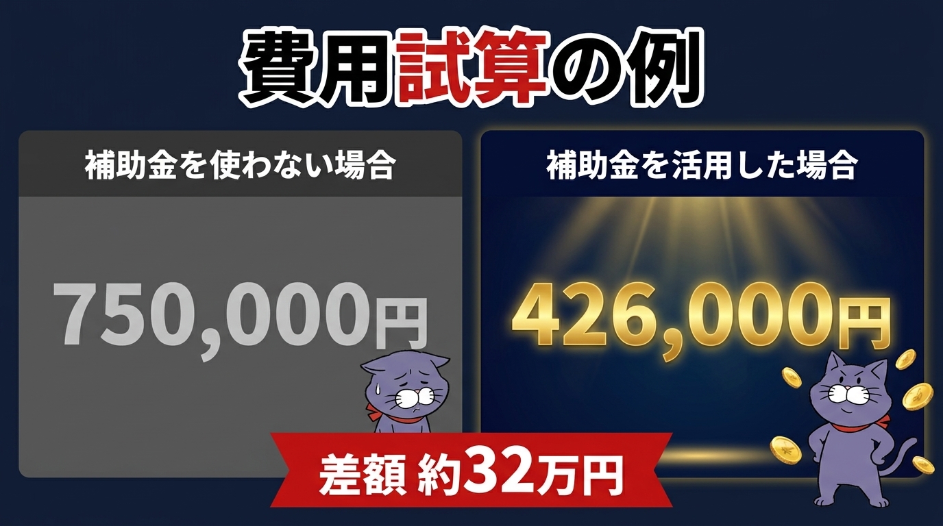 費用試算の例:補助金を使わない場合750,000円、活用した場合426,000円、差額約32万円(採択時の試算)