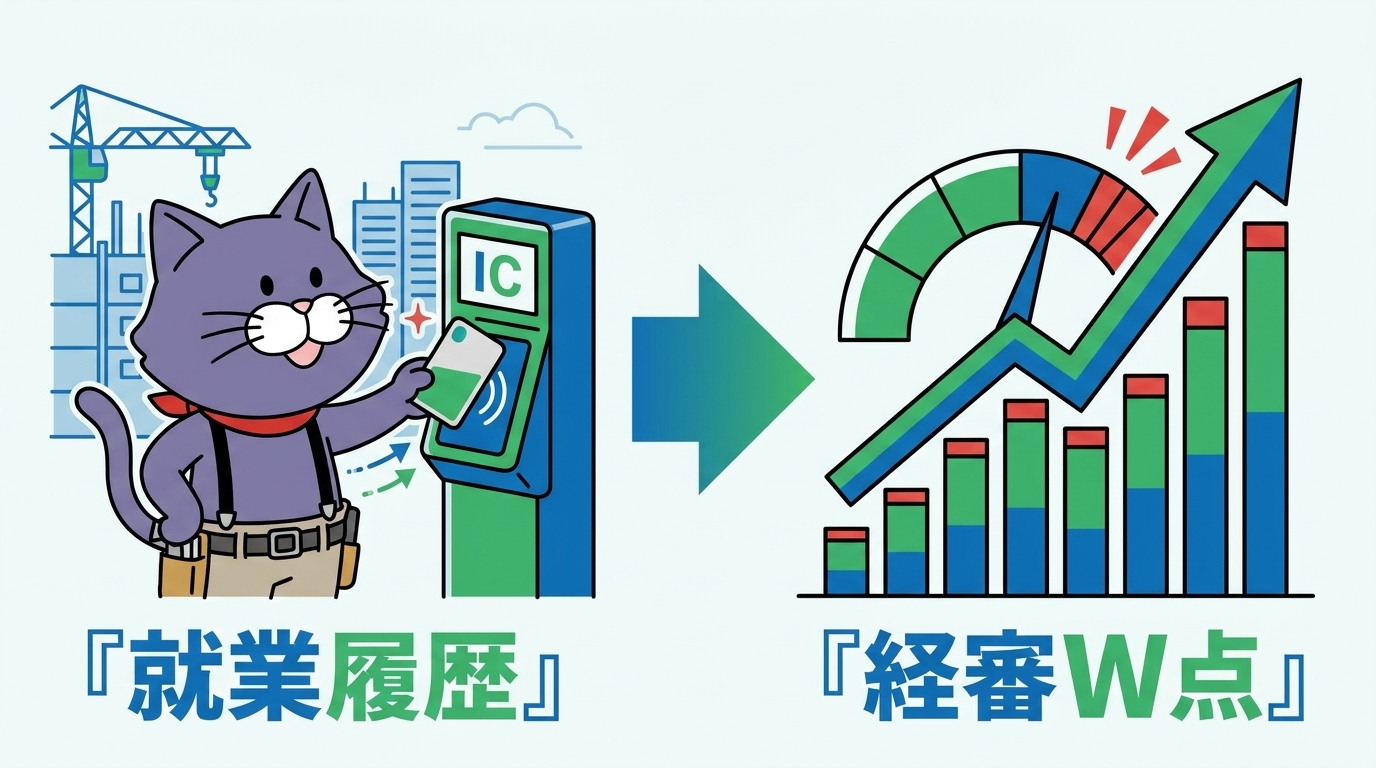 CCUSの就業履歴が経審のW点評価につながることを示す図