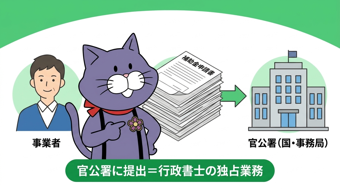 官公署に提出する補助金の書類は行政書士の独占業務であることを示す図