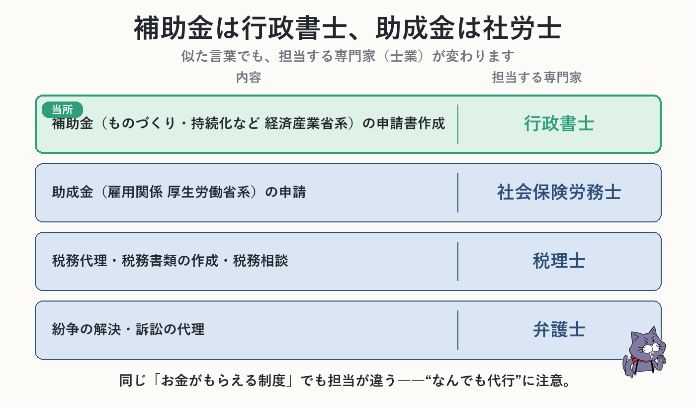補助金は行政書士、雇用関係の助成金は社労士、税務は税理士、紛争・訴訟は弁護士という業際を示す図