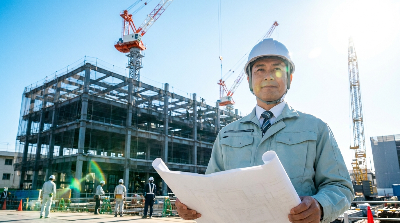青空の建設現場に立つ建設会社の社長
