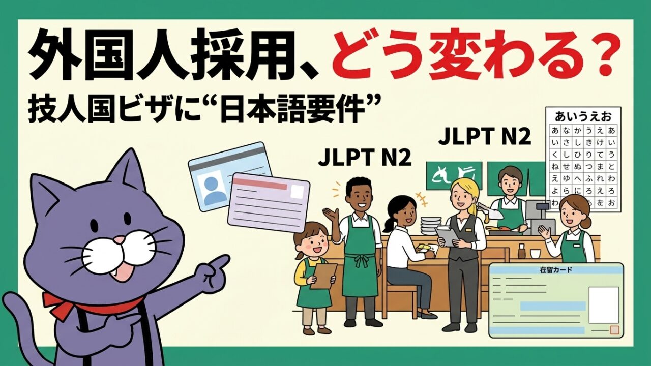 飲食店の外国人採用はどう変わる？技人国ビザに日本語要件が追加されたことを行政書士がやさしく解説するアイキャッチ