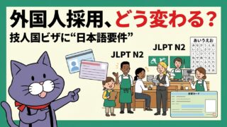 飲食店の外国人採用はどう変わる？技人国ビザに日本語要件が追加されたことを行政書士がやさしく解説するアイキャッチ
