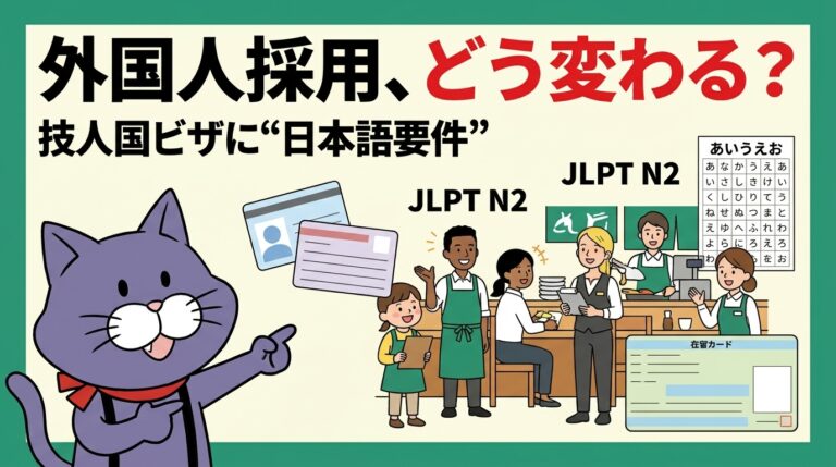 飲食店の外国人採用はどう変わる?技人国ビザに日本語要件が追加されたことを行政書士がやさしく解説するアイキャッチ