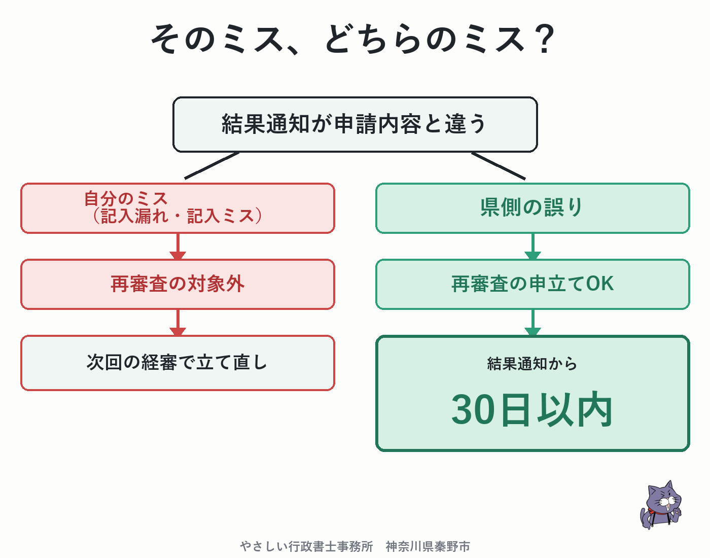 ②自分のミスと③県のミスを分ける30日以内の再審査申立てフロー図