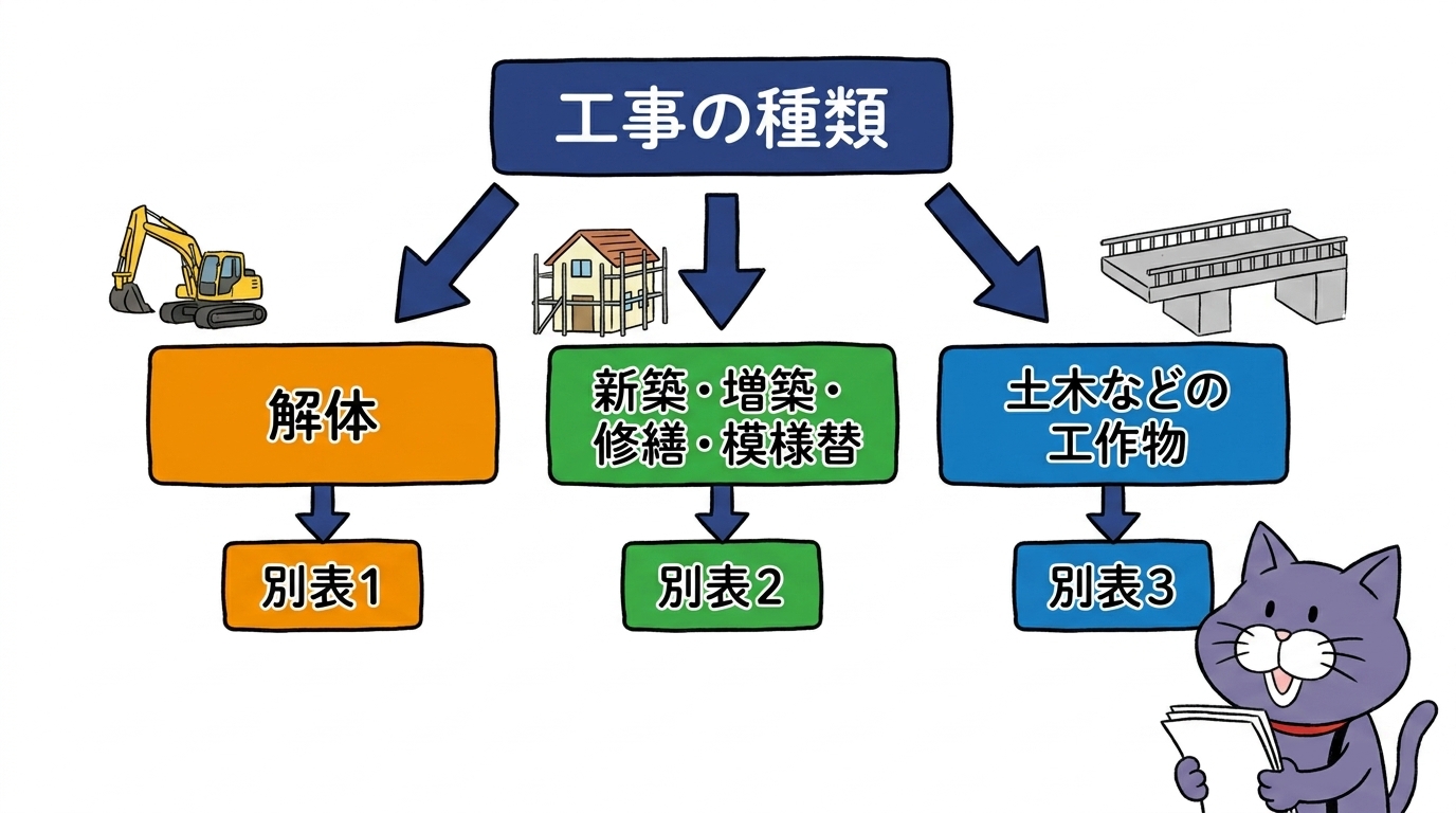 別表1は建築物の解体工事用、別表2は建築物の新築・増築・修繕・模様替用、別表3は建築物以外の工作物の工事用
